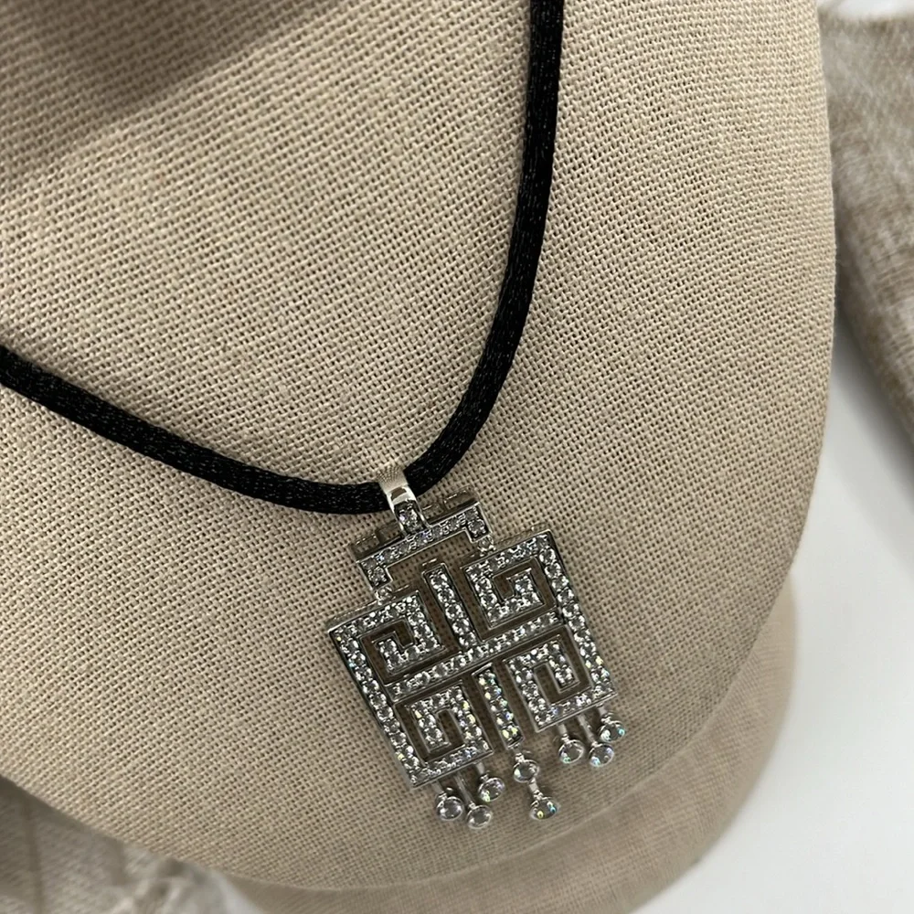 925 Diamonique QVC Geometric Statement Necklace w/ Black Adjustable Cord